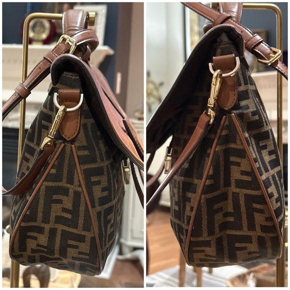 π₯ Authentic Fendi FF Tobacco Messenger Bag in Zucca Canvas Cognac Leather π₯ - Picture 5 of 16